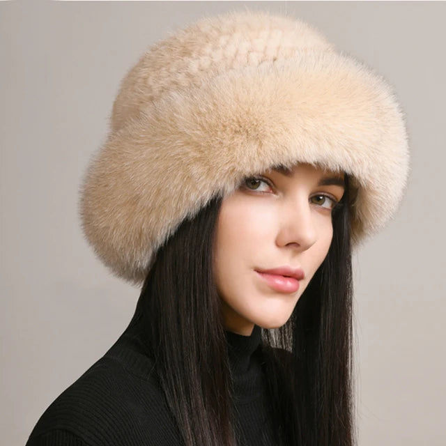 Kawaii Handmade Knitted Mink & Fox Fur Beanie 🎀✨ | Luxury Winter Hat for Stylish Women 🧣❄️