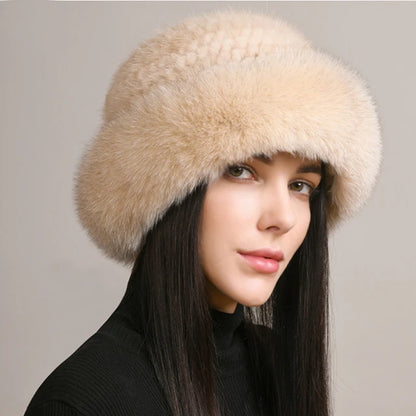 Kawaii Handmade Knitted Mink & Fox Fur Beanie 🎀✨ | Luxury Winter Hat for Stylish Women 🧣❄️