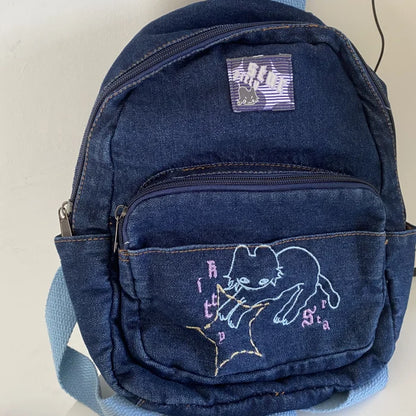 🎀 Adorable Denim Cat Backpack 🐾✨ Cute & Funky Schoolbag for Trendy Students! 🎒