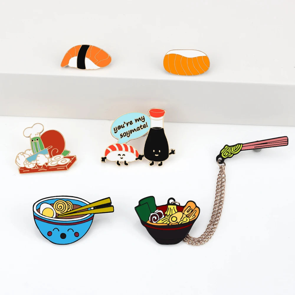 Kawaii Japanese Food Lapel Pins 🍣🥢 Cute Salmon Sushi & Ramen Brooches ✨ Fun Enamel Badges for Kids & Girls 🎀 Adorable Jewelry Gift!