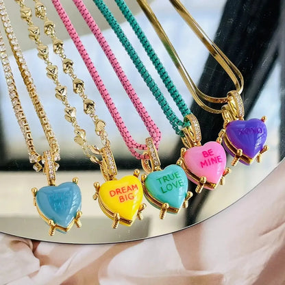 💖 Cute Colorful Heart Pendant Necklace ✨ Y2K Resin Charm with Zircon Accents for Trendy Women 🌈