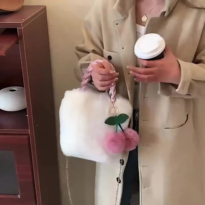 Kawaii Plush Faux Fur Crossbody Bag 🐾✨ with Pompom Cherry & Fluffy String 💖 - Cute Small Purse for Girls!