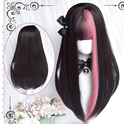 Kawaii Long Black & Red Wavy Wig 💖✨ - Cosplay & Daily Use with Bangs 🎀 | Harajuku Style!