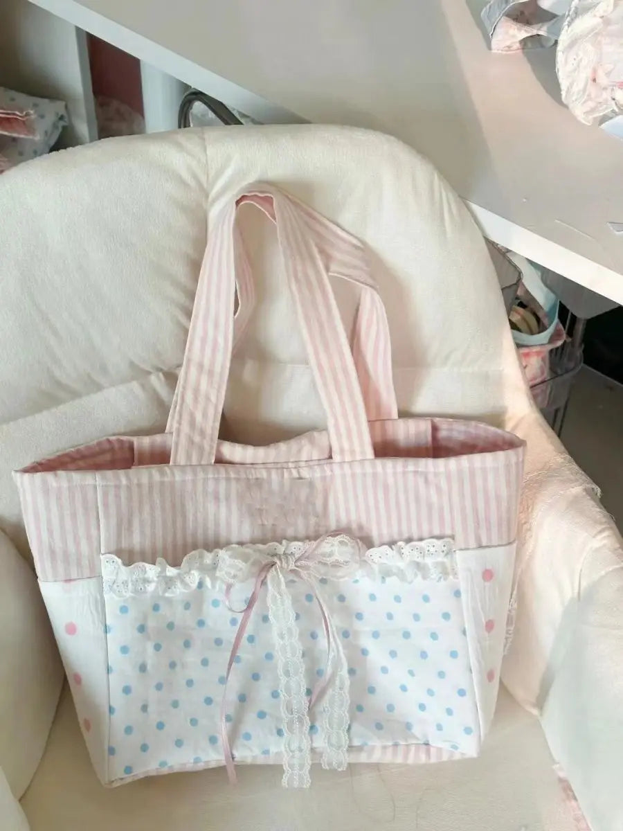 🌸 Kawaii Bow & Lace Canvas Tote 🎀 | Sweet Y2K Aesthetic Shoulder Bag for Women ✨