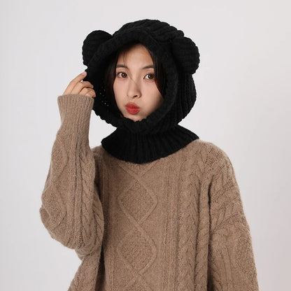 Y2K Winter Knit Balaclava Hat For Women 🐻 Cute Bear Beanie Hooded Scarf