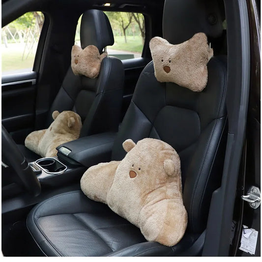 Kawaii Bear Plush Car Neck & Lumbar Support Pillow 🐻✨ - Cozy Cartoon Comfort for Your Drive! 🚗💖