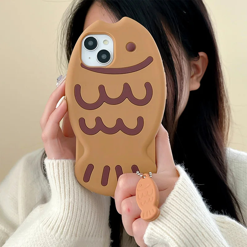 Adorable 3D Kawaii Taiyaki Fish Phone Case for iPhone 16/15/14/13/12/11 🐟💖 | Shockproof Soft Silicone Cover with Cute Animal Design!