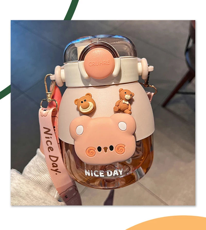 Adorable Bear 1080ml Water Bottle 🐻💖 - Fun & Functional BPA-Free Drink Buddy for Kids with Straw & Strap! 🌈✨ - Pixie Quill