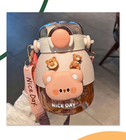 Adorable Bear 1080ml Water Bottle 🐻💖 - Fun & Functional BPA-Free Drink Buddy for Kids with Straw & Strap! 🌈✨ - Pixie Quill