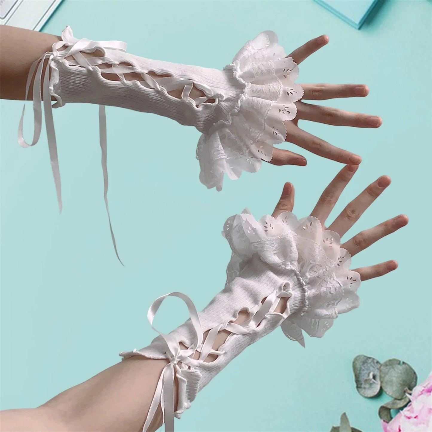 Women Lace Fingerless Gloves With Bowknot For Lolita Cosplay Arm Warmers 💗🎀
