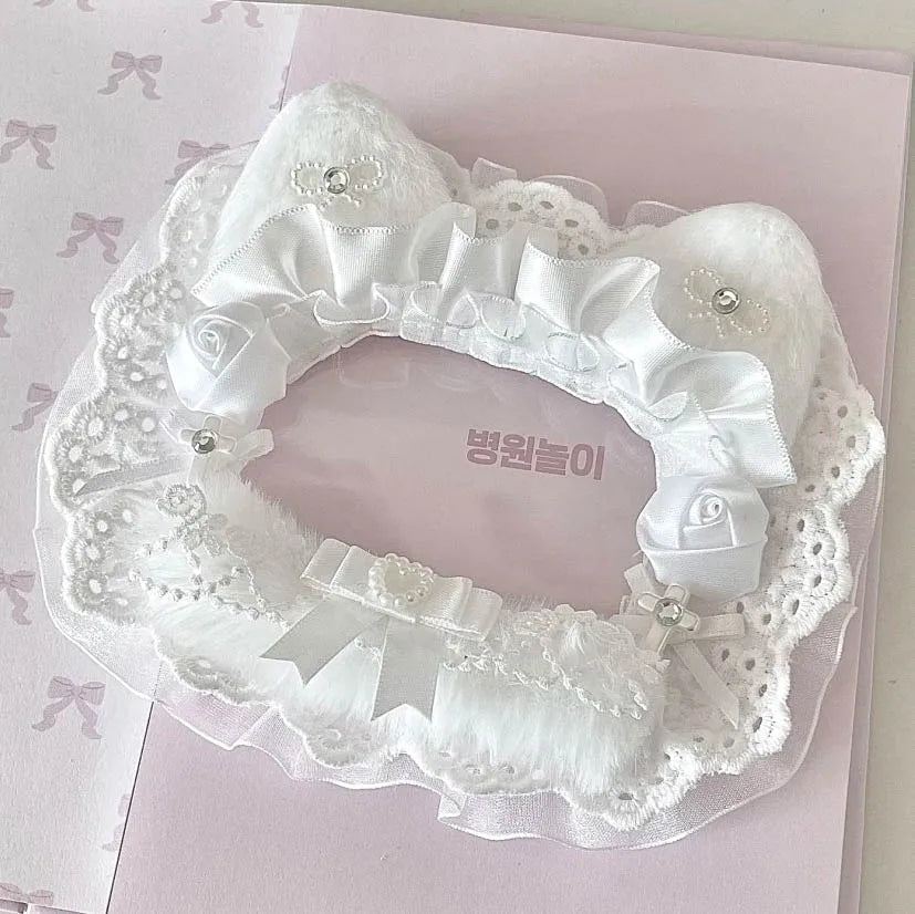 Kpop Idol Photo Holder Poker Storage Decor with Lace and Ribbon Plush Ears Cute Photocard Top Loader