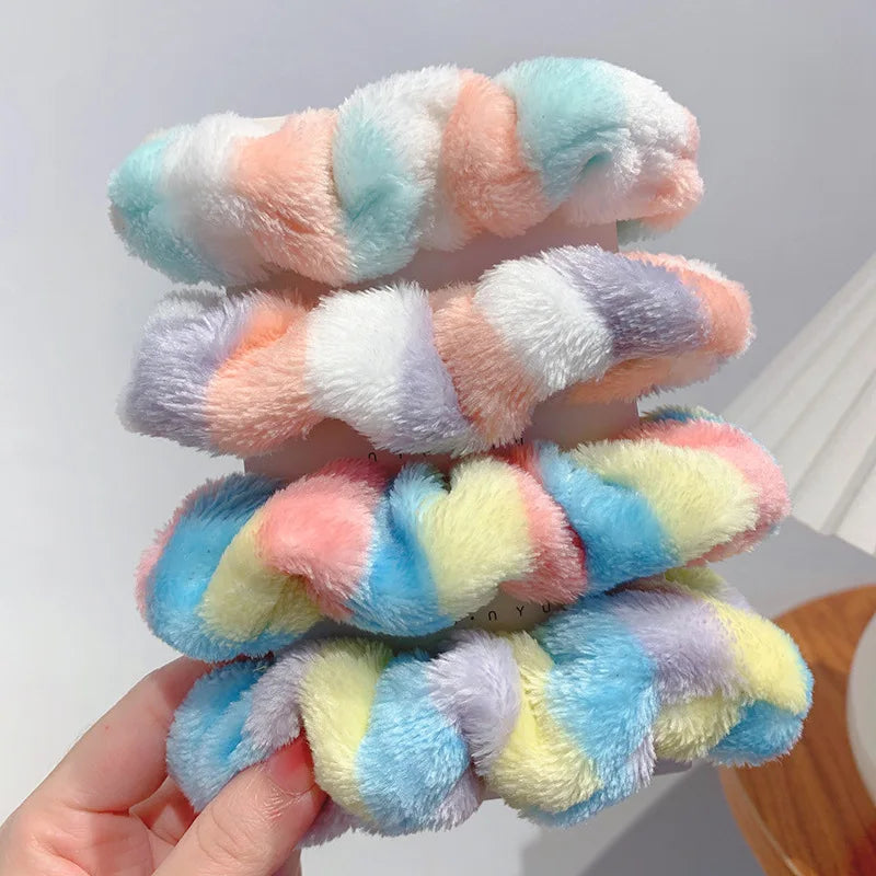 Kawaii Rainbow Fluffy Hair Scrunchies 🎀✨ | 4pcs Soft Towel Hair Bands for Girls & Women 🌈💕