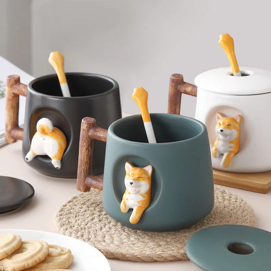 Kawaii 3D Shiba Inu Ceramic Mug 🐶💕 | Adorable Cute Dog Coffee & Tea Cup with Spoon!