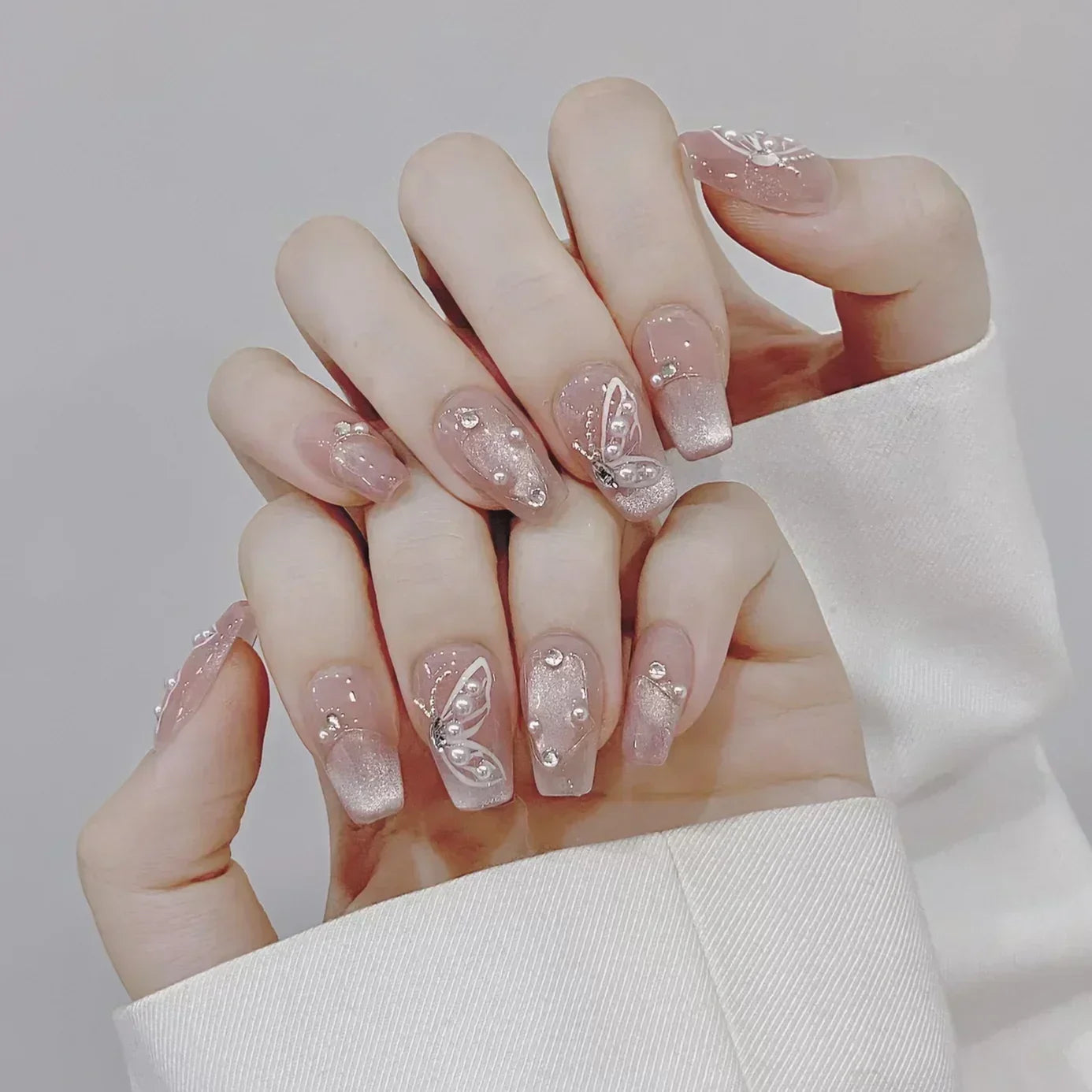 Kawaii 10-Piece Pink Coffin Press-On Nails with 3D Rhinestones & Butterfly Design 🦋💖✨ - Reusable & Easy to Apply!