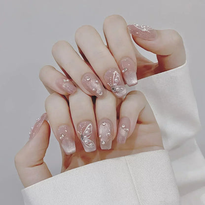 Kawaii 10-Piece Pink Coffin Press-On Nails with 3D Rhinestones & Butterfly Design 🦋💖✨ - Reusable & Easy to Apply!