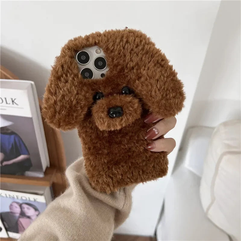 Kawaii 3D Fluffy Teddy Dog Phone Case for iPhone 16/15/14 - Adorable Plush Fur Cover 🐶✨
