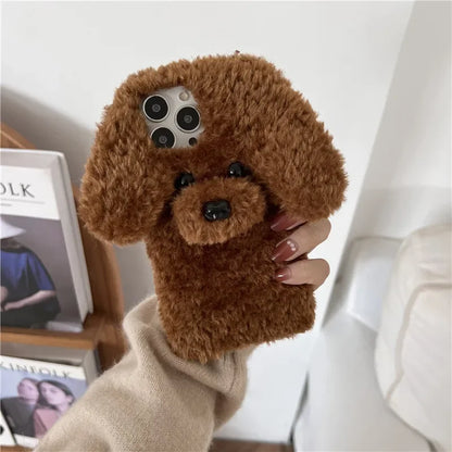 Kawaii 3D Fluffy Teddy Dog Phone Case for iPhone 16/15/14 - Adorable Plush Fur Cover 🐶✨
