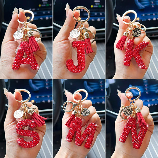 Red English Letter Car Keychain With Diamond Bag Pendant 🗝️💎✨