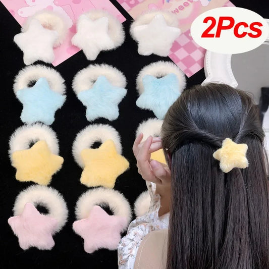 Kawaii Winter Furry Star Hair Ties 🌟✨ Cute Plush Scrunchies for Girls & Women - Colorful, Fashionable Fur Hair Bands! 🎀