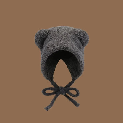 Kawaii Bear Ear Knitted Wool Hat 🐻❄️ | Cozy Winter Bomber Cap with Lace-Up Design for Warmth!