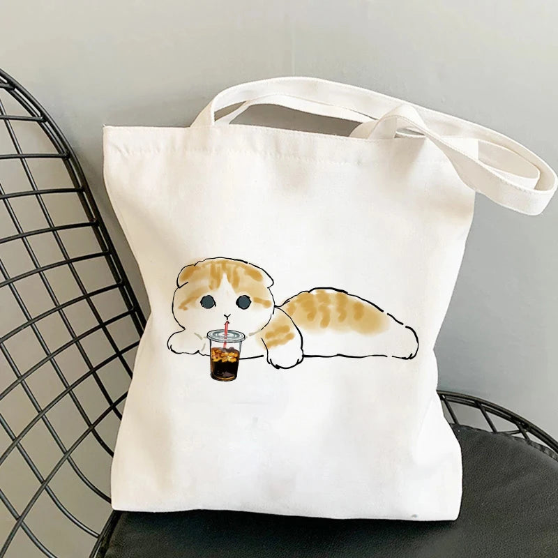 Kawaii Cat Canvas Tote: Adorable Shoulder Bag for Fashionable Girls 🐾🌟 - Pixie Quill