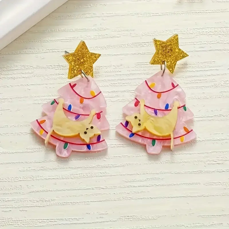 Cute Christmas Tree Dangle Earrings With Star Cat Design 🎄⭐🐱 Acrylic