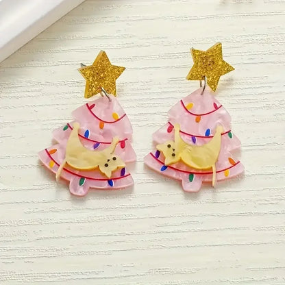 Cute Christmas Tree Dangle Earrings With Star Cat Design 🎄⭐🐱 Acrylic