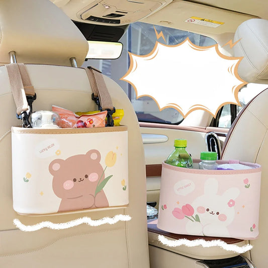 Cute Tulip Bear Car Storage Box 🐻🌷 - Adorable Multi-Functional Seat Back Trash Can!