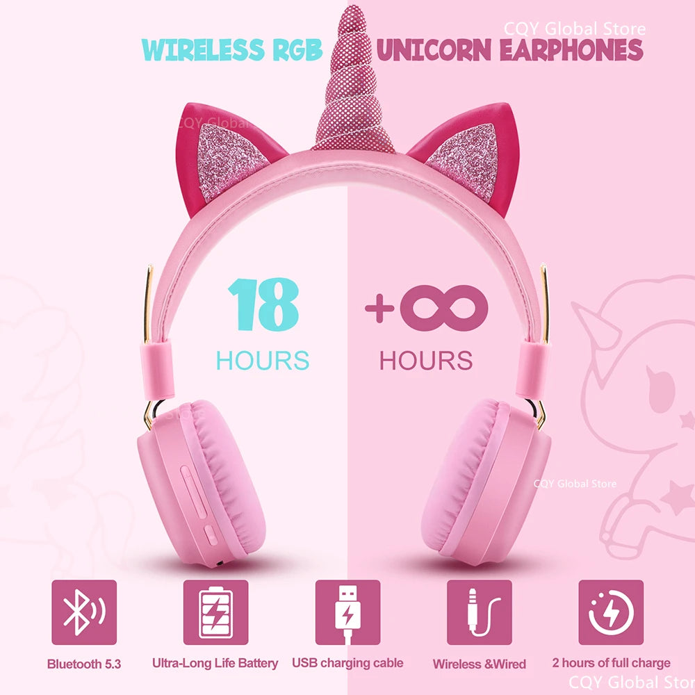 Kawaii Rainbow Unicorn Wireless Headphones 🎧✨ - Cute Stereo Earphones for Kids with RGB Lights & Mic, Perfect Gift! 🦄💖