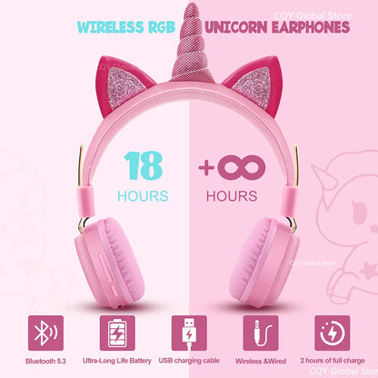 Kawaii Rainbow Unicorn Wireless Headphones 🎧✨ - Cute Stereo Earphones for Kids with RGB Lights & Mic, Perfect Gift! 🦄💖