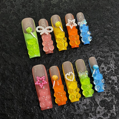 ✨ Adorable Candy Bear Bow Nails | Full Cover Kawaii Press-Ons for Whimsical Glam 💖