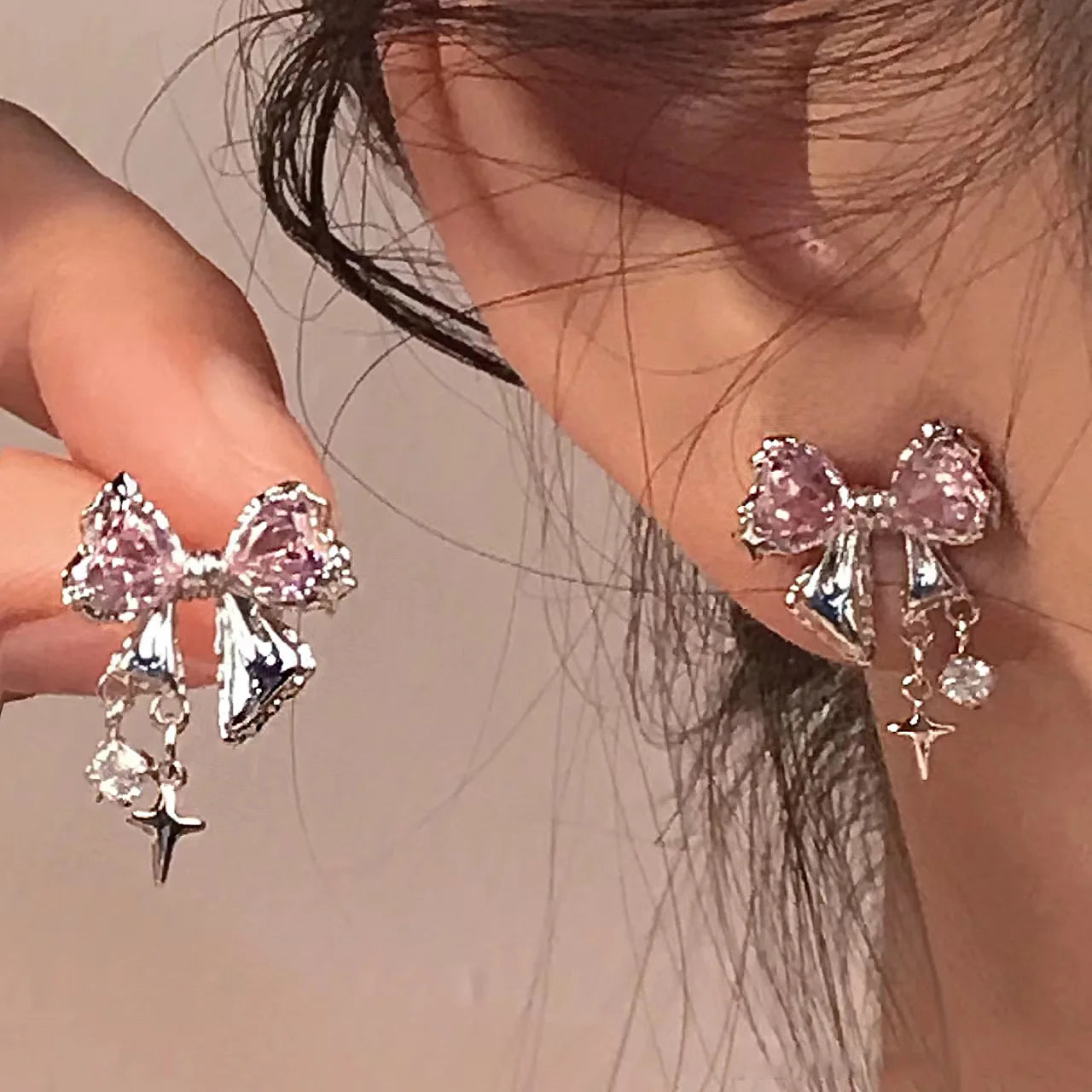 Kawaii Bowknot Pink Crystal Stud Earrings ✨💖 | Fashionable Zircon Jewelry for Women 🌸🎀 | Perfect Gift for Party Girls!