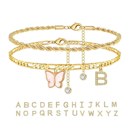 Kawaii 2Pcs Stainless Steel Initial Anklet Set 🌼✨ | 26 Letter Acrylic Butterfly Charm Foot Jewelry 🦋💖