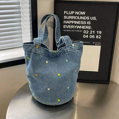 Kawaii Embroidered Denim Bucket Bag 🌸✨ - Trendy Large Capacity Shoulder Tote for 2024!