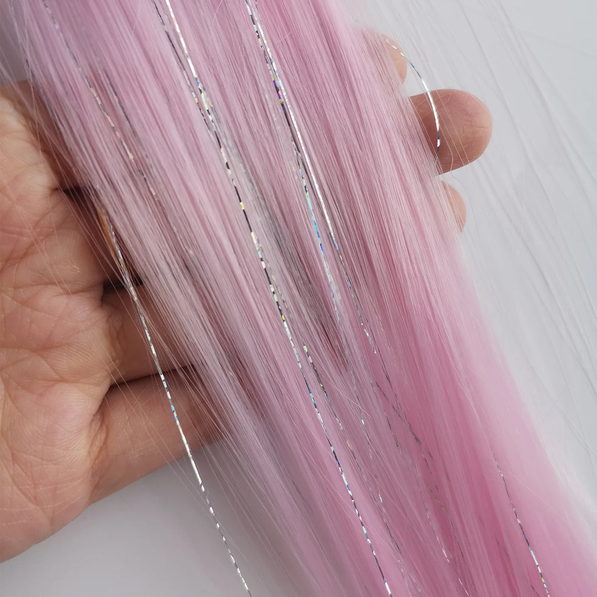 Clip In Pink Hair Extensions With Silver Tinsel Rainbow Highlights For Women ✨💖