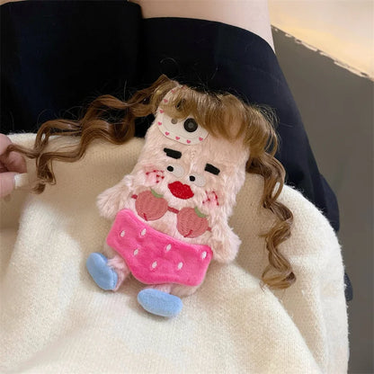 Kawaii Fluffy Cartoon Hair Girls iPhone Phone Case 🌈✨ Cute Plush Cover for iPhone 15/14/13/12/11 Pro Max!