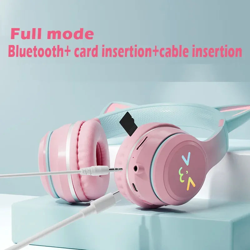 Kawaii Cat Ear Wireless Headphones 🐾🎧 RGB Lights & Microphone - Perfect Gift for Kids & Gamers! 🌟