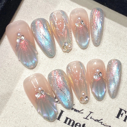 Mermaid Dream 🌊✨ Kawaii Blue Aurora Press-On Nails - 10pcs Detachable Pearl Almond Tips! 🐚💖