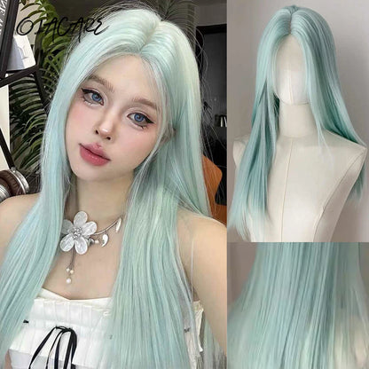 Enchanting Ombre Kawaii Wig 🌈✨ - Long Straight Lolita Style with Bangs in Glacier Blue & Blonde!