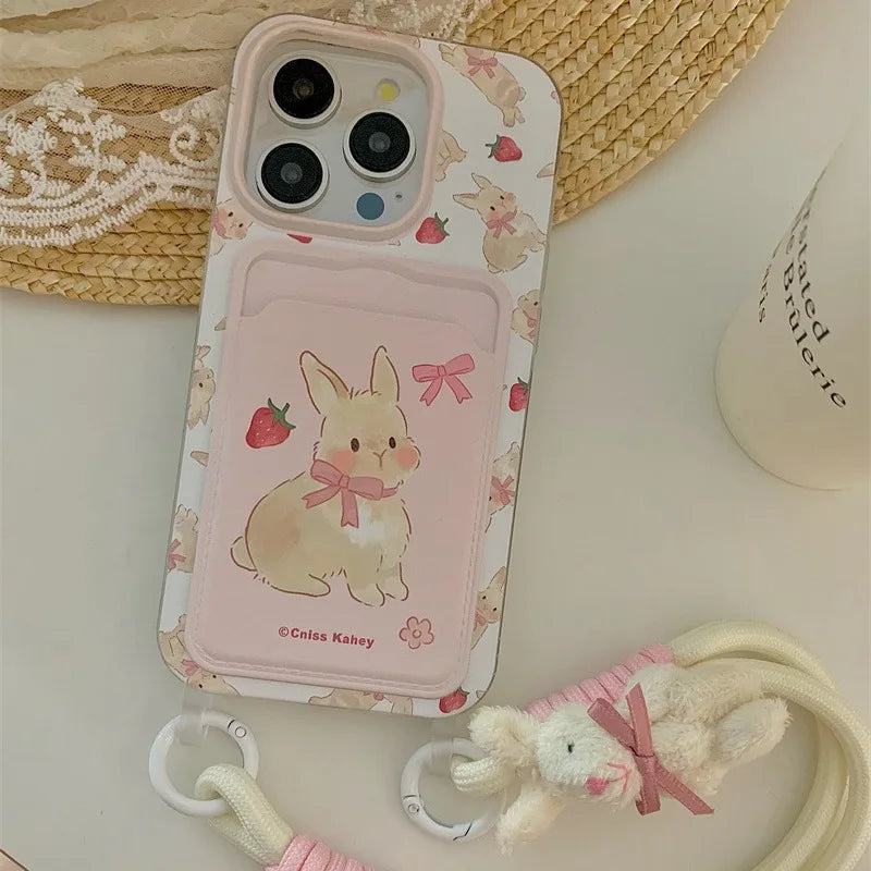 🍓🐰 Adorable Strawberry Bunny Phone Case with Lanyard for iPhone 15 & 14 Plus! 🌟📱