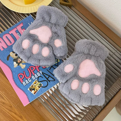 Fluffy Cat Paw Gloves Plush Mittens For Women Warm Half Finger Cozy Bear 🐱🐻
