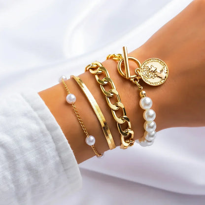 Whimsical Boho Star & Daisy Pearl Charm Bracelet Set 🌼✨ - Adjustable Eight-Piece Bangle for Fashionistas!
