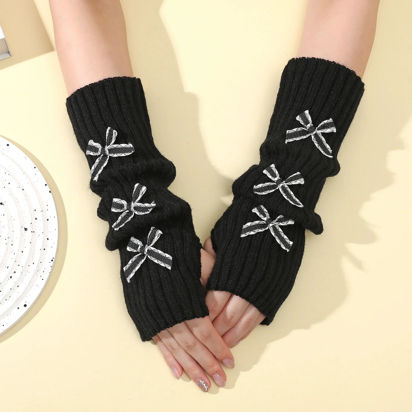 Y2K Bow Fingerless Gloves For Women Knit Arm Warmers Hands Free Winter 😺🧶❄️