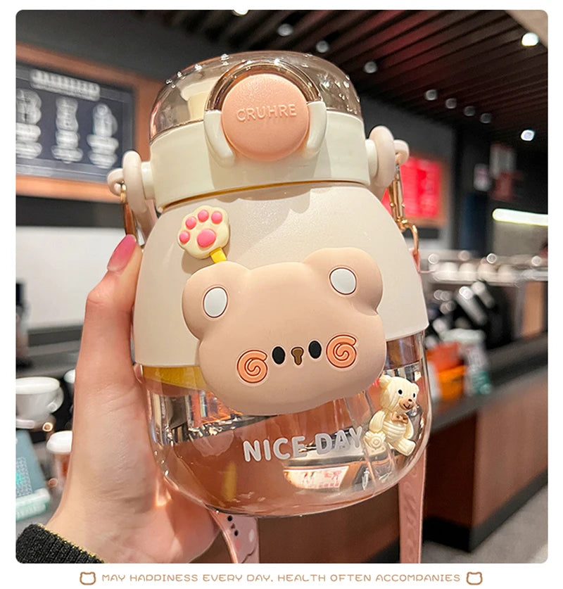 Adorable Bear 1080ml Water Bottle 🐻💖 - Fun & Functional BPA-Free Drink Buddy for Kids with Straw & Strap! 🌈✨ - Pixie Quill