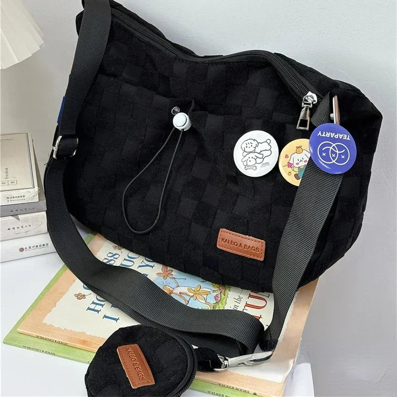 Xiuya Harajuku Style College Crossbody Bag Solid Color Plaid Print Large Capacity Shoulder Bag New Cute Fashion Designer Handbag - Pixie Quill