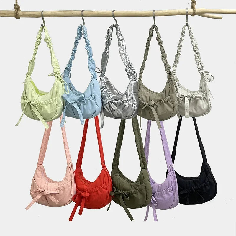 ✨Adorable Pleated Bow Hobo Bag 🎀 - Trendy Nylon Crossbody for Chic Girls! 🌟 - Pixie Quill