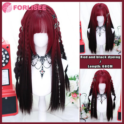 Kawaii Magic! 🌸✨ FORLISEE Black & Pink Long Straight Wig with Bangs - Perfect for Cosplay & Sweet Lolita Looks! 💖🎀