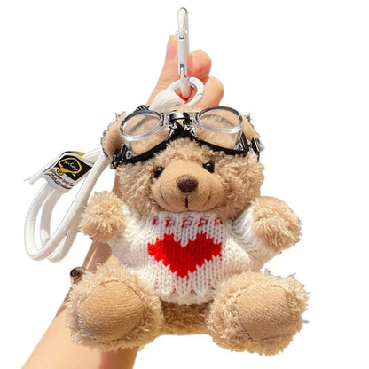 Pilot Bear Keychain With Goggles Plush Pendant Pearl Rope Accessory 🧸🪢
