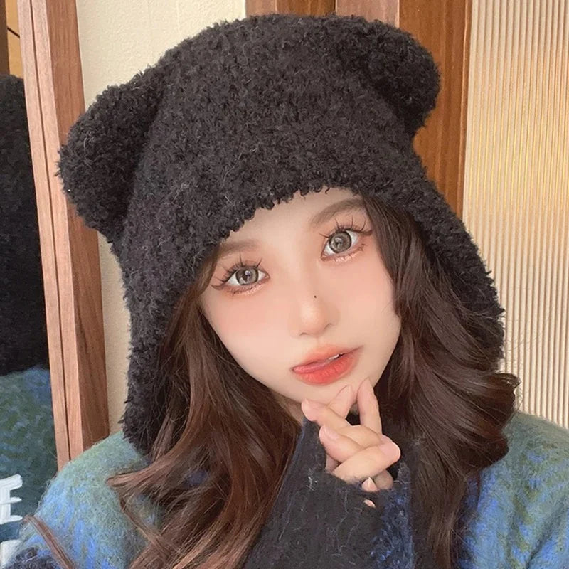 Kawaii Cozy Bear Beanie 🐻✨ - Thicken Warm Winter Hat for Women, Cute Travel Pullover Cap! 🌟