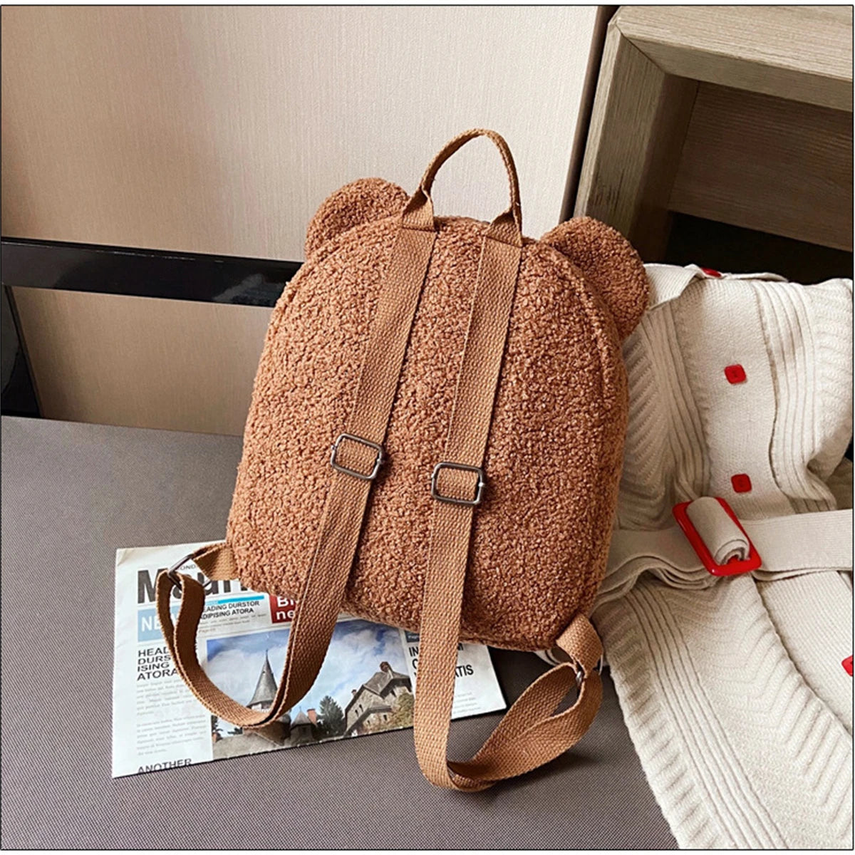 🐻 Cute Bear Ears Plush Backpack 🎒✨ - Pixie Quill